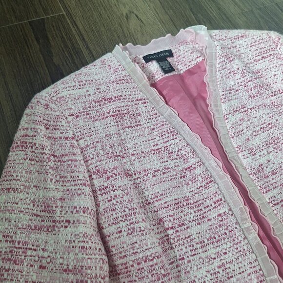 💙 Valerie Steven's Tweed Pink White Cotton Blend Shoulder Pads Blazer Size 8 - Picture 7 of 10